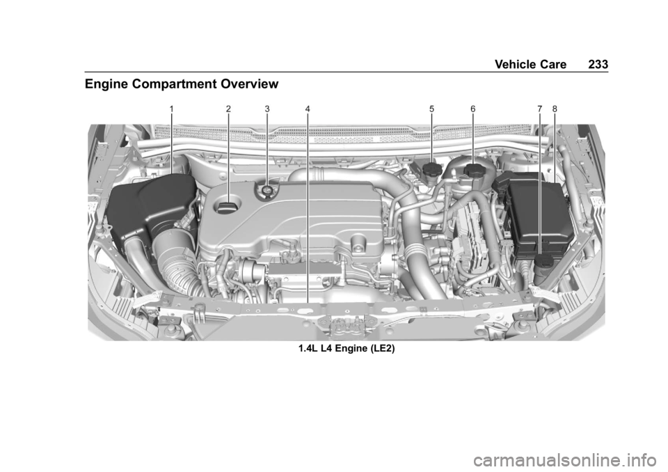 CHEVROLET CRUZE 2019  Track Prep Guide Chevrolet Cruze Owner Manual (GMNA-Localizing-U.S./Canada/Mexico-
12146336) - 2019 - crc - 10/22/18
Vehicle Care 233
Engine Compartment Overview
1.4L L4 Engine (LE2) 