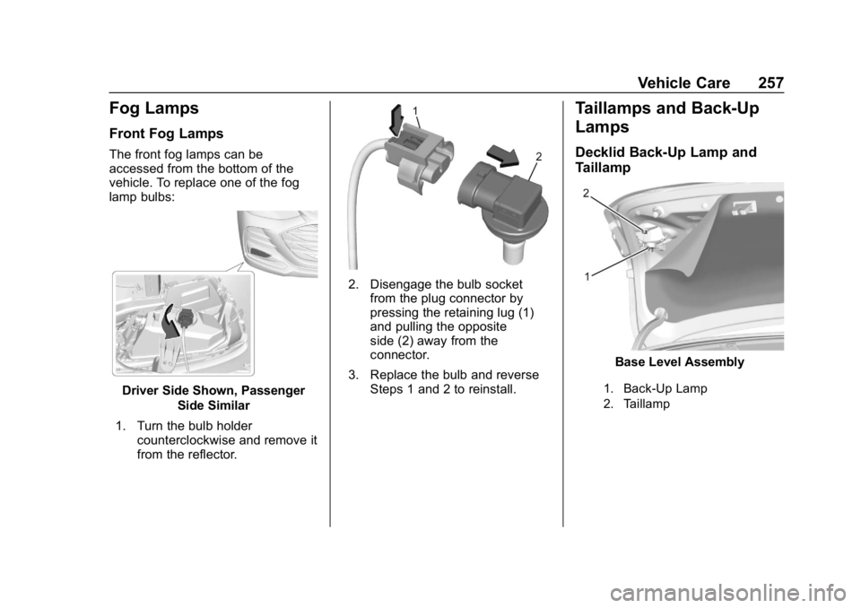 CHEVROLET CRUZE 2019  Track Prep Guide Chevrolet Cruze Owner Manual (GMNA-Localizing-U.S./Canada/Mexico-
12146336) - 2019 - crc - 10/22/18
Vehicle Care 257
Fog Lamps
Front Fog Lamps
The front fog lamps can be
accessed from the bottom of th