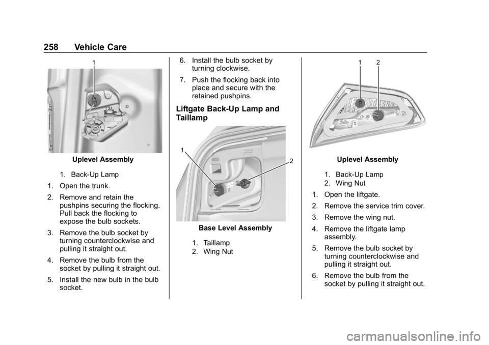 CHEVROLET CRUZE 2019  Track Prep Guide Chevrolet Cruze Owner Manual (GMNA-Localizing-U.S./Canada/Mexico-
12146336) - 2019 - crc - 10/22/18
258 Vehicle Care
Uplevel Assembly
1. Back-Up Lamp
1. Open the trunk.
2. Remove and retain thepushpin