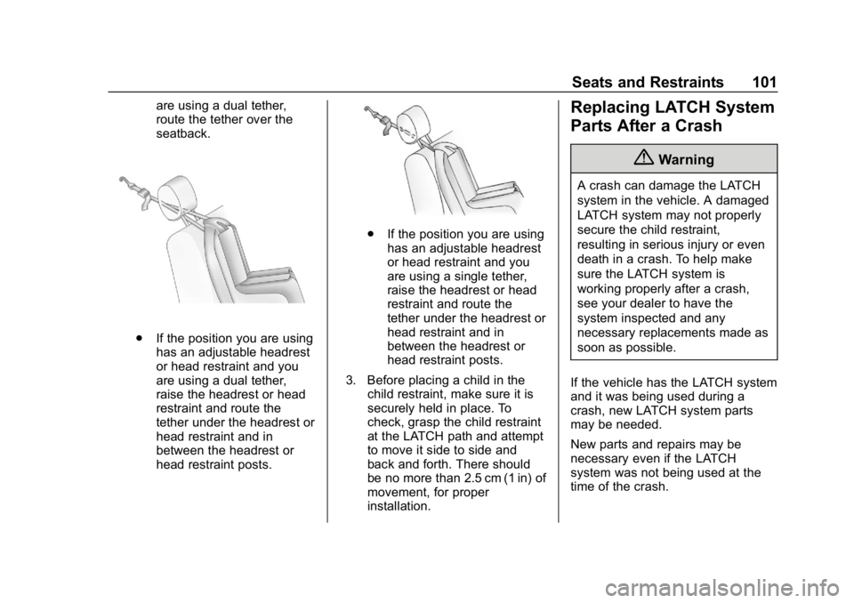 CHEVROLET EQUINOX 2019 Owners Manual Chevrolet Equinox Owner Manual (GMNA-Localizing-U.S./Canada/Mexico-
12145779) - 2019 - CRC - 7/30/18
Seats and Restraints 101
are using a dual tether,
route the tether over the
seatback.
.If the posit CHEVROLET EQUINOX 2019 Owners Manual Chevrolet Equinox Owner Manual (GMNA-Localizing-U.S./Canada/Mexico-
12145779) - 2019 - CRC - 7/30/18
Seats and Restraints 101
are using a dual tether,
route the tether over the
seatback.
.If the posit
