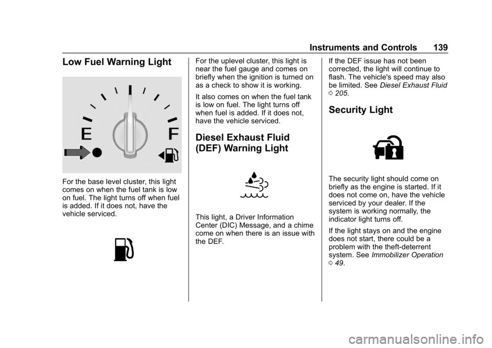 CHEVROLET EQUINOX 2019 Owners Manual Chevrolet Equinox Owner Manual (GMNA-Localizing-U.S./Canada/Mexico-
12145779) - 2019 - CRC - 7/30/18
Instruments and Controls 139
Low Fuel Warning Light
For the base level cluster, this light
comes on CHEVROLET EQUINOX 2019 Owners Manual Chevrolet Equinox Owner Manual (GMNA-Localizing-U.S./Canada/Mexico-
12145779) - 2019 - CRC - 7/30/18
Instruments and Controls 139
Low Fuel Warning Light
For the base level cluster, this light
comes on