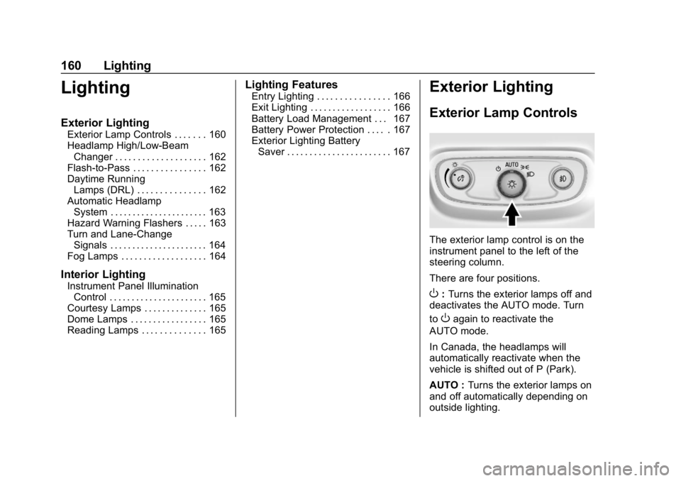 CHEVROLET EQUINOX 2019  Owners Manual Chevrolet Equinox Owner Manual (GMNA-Localizing-U.S./Canada/Mexico-
12145779) - 2019 - CRC - 7/30/18
160 Lighting
Lighting
Exterior Lighting
Exterior Lamp Controls . . . . . . . 160
Headlamp High/Low-