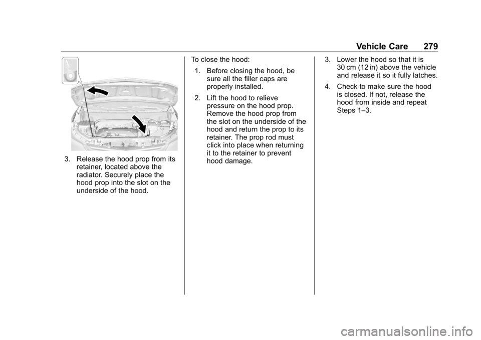 CHEVROLET EQUINOX 2019  Owners Manual Chevrolet Equinox Owner Manual (GMNA-Localizing-U.S./Canada/Mexico-
12145779) - 2019 - CRC - 7/30/18
Vehicle Care 279
3. Release the hood prop from itsretainer, located above the
radiator. Securely pl