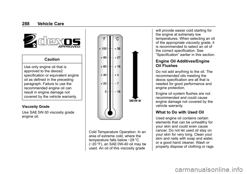 CHEVROLET EQUINOX 2019 Owners Guide Chevrolet Equinox Owner Manual (GMNA-Localizing-U.S./Canada/Mexico-
12145779) - 2019 - CRC - 7/30/18
288 Vehicle Care
Caution
Use only engine oil that is
approved to the dexos2
specification or equiva