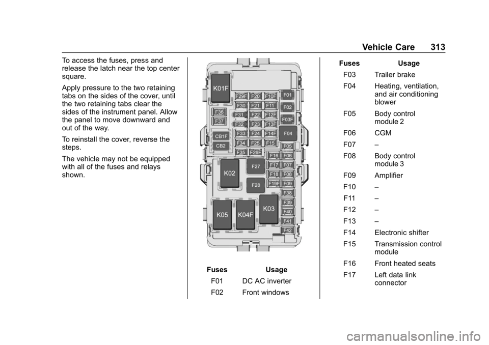 CHEVROLET EQUINOX 2019 Owners Manual Chevrolet Equinox Owner Manual (GMNA-Localizing-U.S./Canada/Mexico-
12145779) - 2019 - CRC - 7/30/18
Vehicle Care 313
To access the fuses, press and
release the latch near the top center
square.
Apply CHEVROLET EQUINOX 2019 Owners Manual Chevrolet Equinox Owner Manual (GMNA-Localizing-U.S./Canada/Mexico-
12145779) - 2019 - CRC - 7/30/18
Vehicle Care 313
To access the fuses, press and
release the latch near the top center
square.
Apply