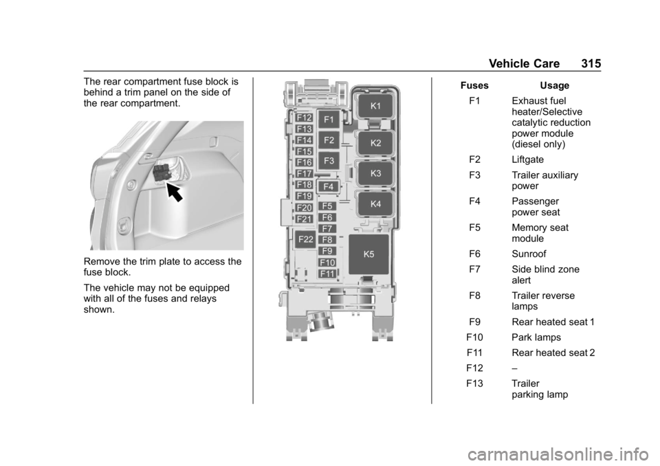 CHEVROLET EQUINOX 2019  Owners Manual Chevrolet Equinox Owner Manual (GMNA-Localizing-U.S./Canada/Mexico-
12145779) - 2019 - CRC - 7/30/18
Vehicle Care 315
The rear compartment fuse block is
behind a trim panel on the side of
the rear com