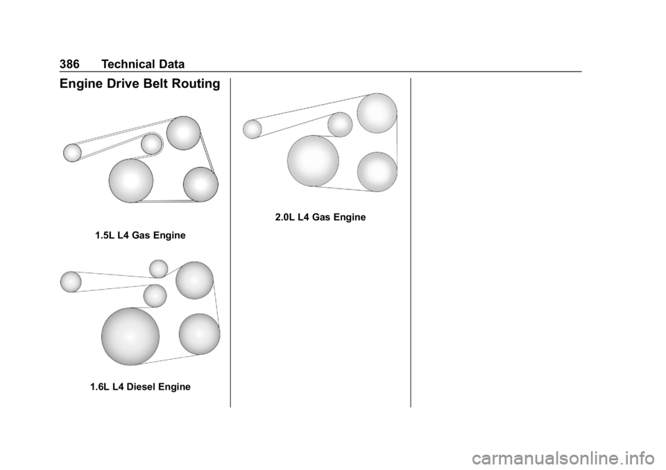 CHEVROLET EQUINOX 2019  Owners Manual Chevrolet Equinox Owner Manual (GMNA-Localizing-U.S./Canada/Mexico-
12145779) - 2019 - CRC - 7/30/18
386 Technical Data
Engine Drive Belt Routing
1.5L L4 Gas Engine
1.6L L4 Diesel Engine
2.0L L4 Gas E