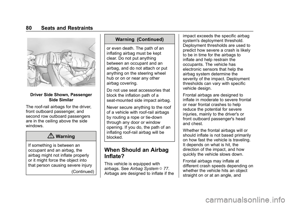 CHEVROLET EQUINOX 2019  Owners Manual Chevrolet Equinox Owner Manual (GMNA-Localizing-U.S./Canada/Mexico-
12145779) - 2019 - CRC - 7/30/18
80 Seats and Restraints
Driver Side Shown, PassengerSide Similar
The roof-rail airbags for the driv