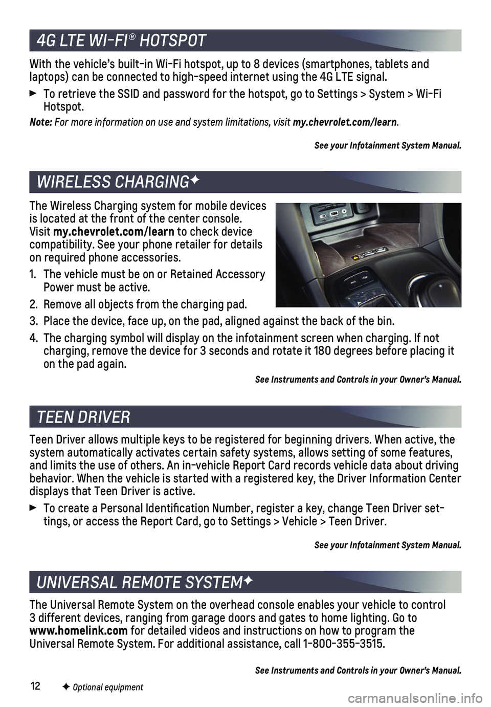 CHEVROLET EQUINOX 2019 Get To Know Guide 12F Optional equipment
4G LTE WI-FI® HOTSPOT
WIRELESS CHARGINGF
TEEN DRIVER
UNIVERSAL REMOTE SYSTEMF
With the vehicle’s built-in Wi-Fi hotspot, up to 8 devices (smartpho\
nes, tablets and
laptops CHEVROLET EQUINOX 2019 Get To Know Guide 12F Optional equipment
4G LTE WI-FI® HOTSPOT
WIRELESS CHARGINGF
TEEN DRIVER
UNIVERSAL REMOTE SYSTEMF
With the vehicle’s built-in Wi-Fi hotspot, up to 8 devices (smartpho\
nes, tablets and
laptops
