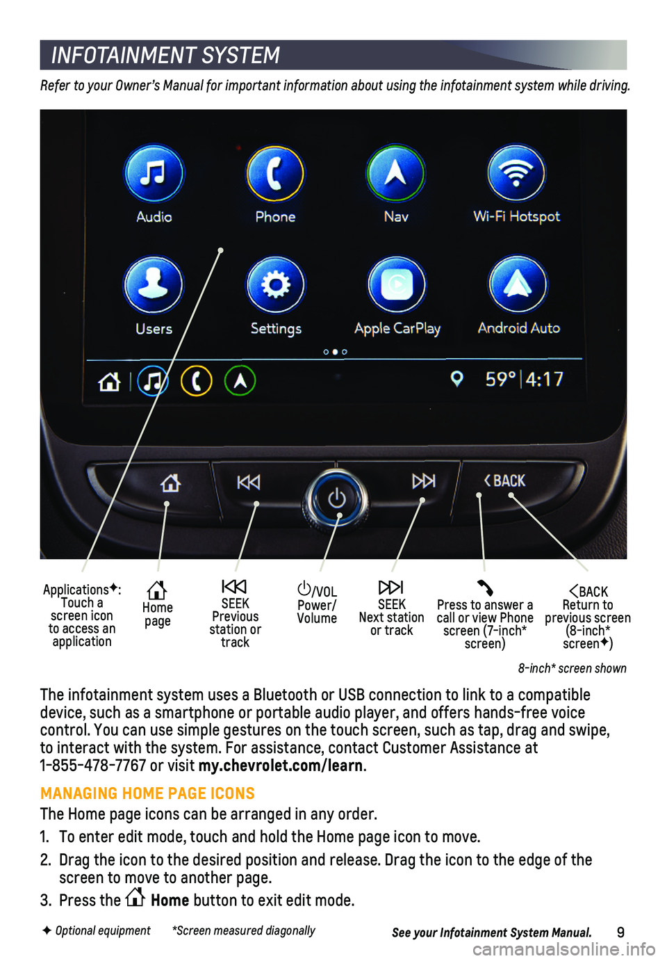 CHEVROLET EQUINOX 2019  Get To Know Guide 9F Optional equipment        *Screen measured diagonally
INFOTAINMENT SYSTEM
Refer to your Owner’s Manual for important information about using the infotainment system while driving.
The infotainmen