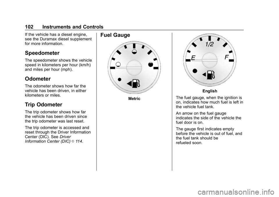 CHEVROLET EXPRESS 2019 Owners Manual Chevrolet Express Owner Manual (GMNA-Localizing-U.S./Canada/Mexico-
12146162) - 2019 - crc - 11/26/18
102 Instruments and Controls
If the vehicle has a diesel engine,
see the Duramax diesel supplement CHEVROLET EXPRESS 2019 Owners Manual Chevrolet Express Owner Manual (GMNA-Localizing-U.S./Canada/Mexico-
12146162) - 2019 - crc - 11/26/18
102 Instruments and Controls
If the vehicle has a diesel engine,
see the Duramax diesel supplement