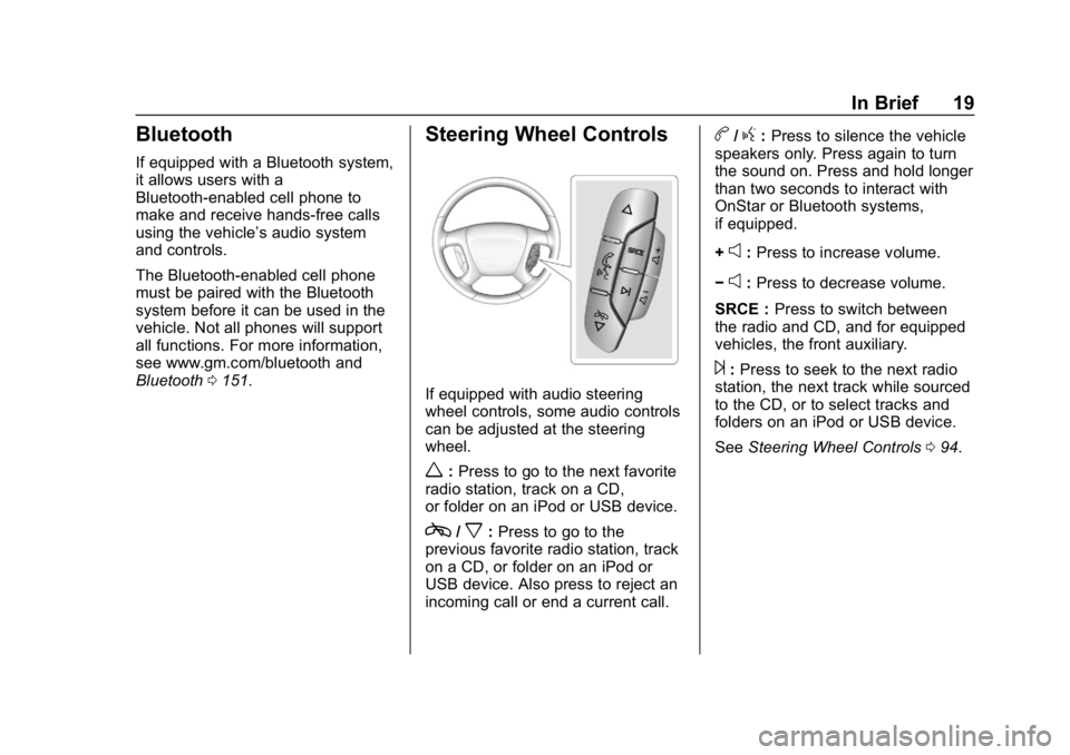 CHEVROLET EXPRESS 2019 User Guide Chevrolet Express Owner Manual (GMNA-Localizing-U.S./Canada/Mexico-
12146162) - 2019 - crc - 11/26/18
In Brief 19
Bluetooth
If equipped with a Bluetooth system,
it allows users with a
Bluetooth-enable CHEVROLET EXPRESS 2019 User Guide Chevrolet Express Owner Manual (GMNA-Localizing-U.S./Canada/Mexico-
12146162) - 2019 - crc - 11/26/18
In Brief 19
Bluetooth
If equipped with a Bluetooth system,
it allows users with a
Bluetooth-enable
