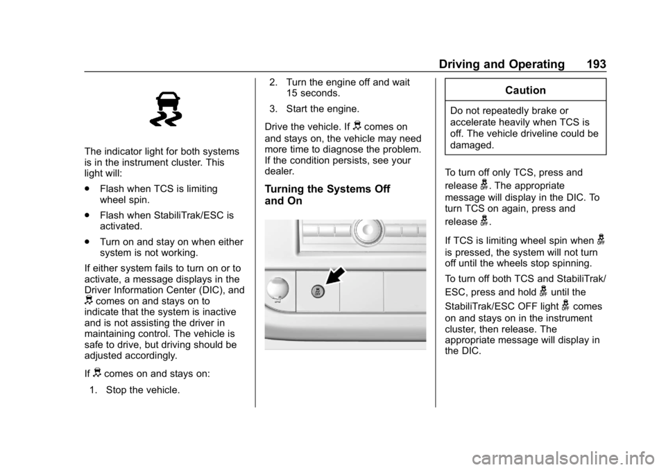 CHEVROLET EXPRESS 2019 Owners Manual Chevrolet Express Owner Manual (GMNA-Localizing-U.S./Canada/Mexico-
12146162) - 2019 - crc - 11/26/18
Driving and Operating 193
The indicator light for both systems
is in the instrument cluster. This
CHEVROLET EXPRESS 2019 Owners Manual Chevrolet Express Owner Manual (GMNA-Localizing-U.S./Canada/Mexico-
12146162) - 2019 - crc - 11/26/18
Driving and Operating 193
The indicator light for both systems
is in the instrument cluster. This