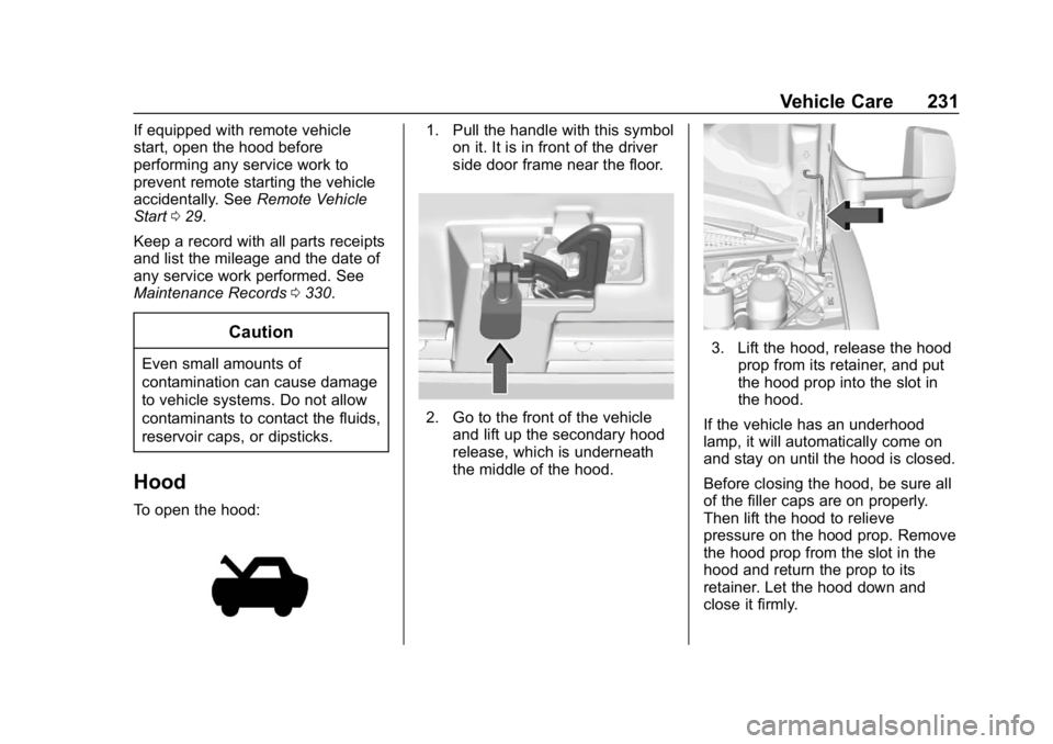 CHEVROLET EXPRESS 2019 Owners Manual Chevrolet Express Owner Manual (GMNA-Localizing-U.S./Canada/Mexico-
12146162) - 2019 - crc - 11/26/18
Vehicle Care 231
If equipped with remote vehicle
start, open the hood before
performing any servic CHEVROLET EXPRESS 2019 Owners Manual Chevrolet Express Owner Manual (GMNA-Localizing-U.S./Canada/Mexico-
12146162) - 2019 - crc - 11/26/18
Vehicle Care 231
If equipped with remote vehicle
start, open the hood before
performing any servic