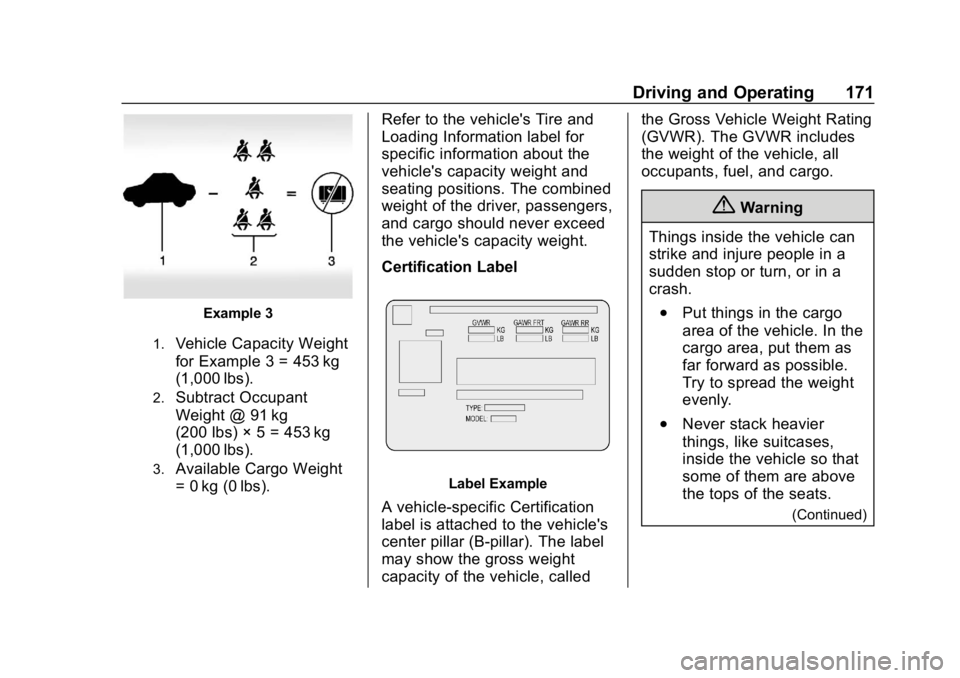 CHEVROLET IMPALA 2019  Owners Manual Chevrolet Impala Owner Manual (GMNA-Localizing-U.S./Canada-12146115) -
2019 - crc - 8/27/18
Driving and Operating 171
Example 3
1.Vehicle Capacity Weight
for Example 3 = 453 kg
(1,000 lbs).
2.Subtract