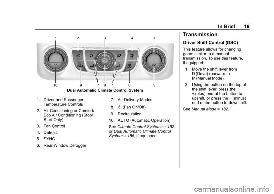 CHEVROLET IMPALA 2019 User Guide Chevrolet Impala Owner Manual (GMNA-Localizing-U.S./Canada-12146115) -
2019 - crc - 8/27/18
In Brief 19
Dual Automatic Climate Control System
1. Driver and Passenger Temperature Controls
2. Air Condit CHEVROLET IMPALA 2019 User Guide Chevrolet Impala Owner Manual (GMNA-Localizing-U.S./Canada-12146115) -
2019 - crc - 8/27/18
In Brief 19
Dual Automatic Climate Control System
1. Driver and Passenger Temperature Controls
2. Air Condit