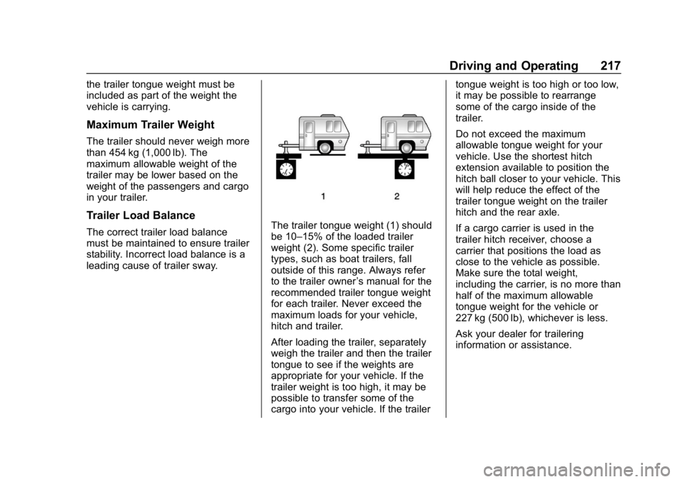 CHEVROLET IMPALA 2019 Owners Manual Chevrolet Impala Owner Manual (GMNA-Localizing-U.S./Canada-12146115) -
2019 - crc - 8/27/18
Driving and Operating 217
the trailer tongue weight must be
included as part of the weight the
vehicle is ca CHEVROLET IMPALA 2019 Owners Manual Chevrolet Impala Owner Manual (GMNA-Localizing-U.S./Canada-12146115) -
2019 - crc - 8/27/18
Driving and Operating 217
the trailer tongue weight must be
included as part of the weight the
vehicle is ca