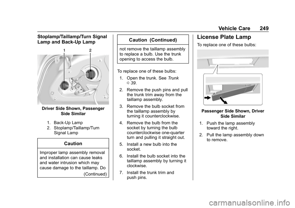 CHEVROLET IMPALA 2019  Owners Manual Chevrolet Impala Owner Manual (GMNA-Localizing-U.S./Canada-12146115) -
2019 - crc - 8/27/18
Vehicle Care 249
Stoplamp/Taillamp/Turn Signal
Lamp and Back-Up Lamp
Driver Side Shown, PassengerSide Simila