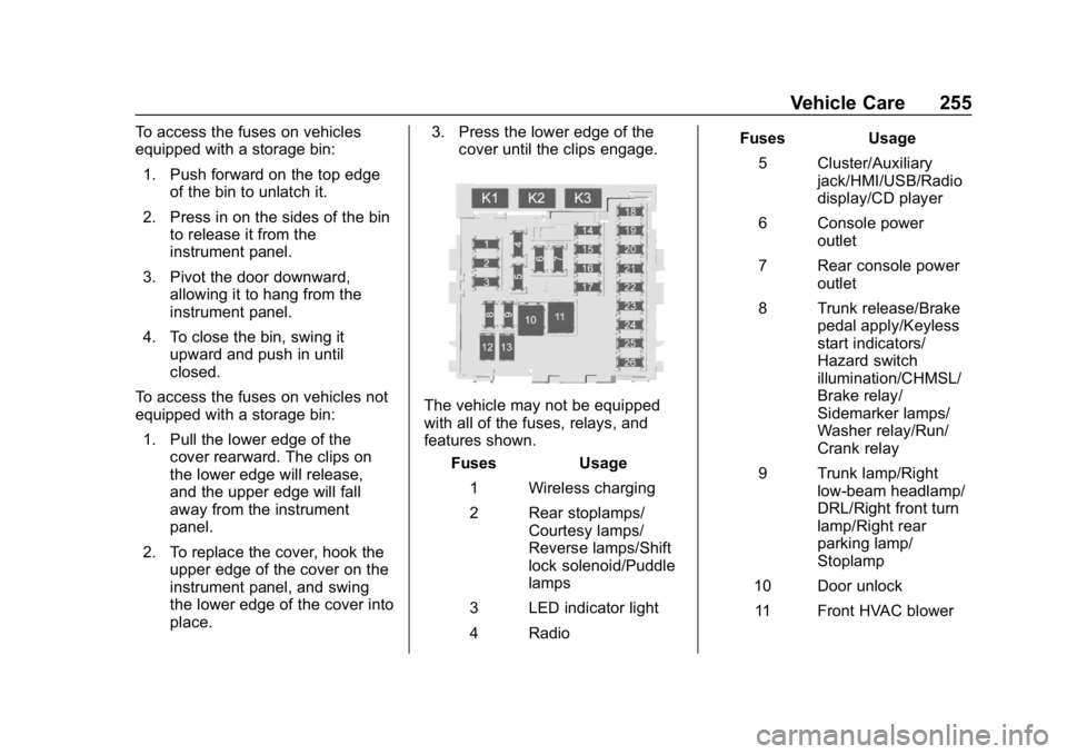 CHEVROLET IMPALA 2019 Owners Manual Chevrolet Impala Owner Manual (GMNA-Localizing-U.S./Canada-12146115) -
2019 - crc - 8/27/18
Vehicle Care 255
To access the fuses on vehicles
equipped with a storage bin:1. Push forward on the top edge CHEVROLET IMPALA 2019 Owners Manual Chevrolet Impala Owner Manual (GMNA-Localizing-U.S./Canada-12146115) -
2019 - crc - 8/27/18
Vehicle Care 255
To access the fuses on vehicles
equipped with a storage bin:1. Push forward on the top edge