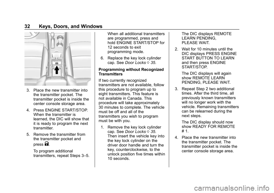 CHEVROLET IMPALA 2019  Owners Manual Chevrolet Impala Owner Manual (GMNA-Localizing-U.S./Canada-12146115) -
2019 - crc - 8/27/18
32 Keys, Doors, and Windows
3. Place the new transmitter intothe transmitter pocket. The
transmitter pocket 