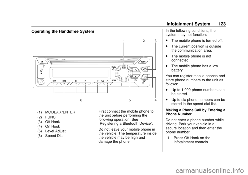CHEVROLET LOW CAB FORWARD 2019  Owners Manual Chevrolet Low Cab Forward 5.2L Diesel Engine 4500/5500 Series (GMNA-
Localizing-U.S.-12407814) - 2019 - crc - 12/13/17
Infotainment System 123
Operating the Handsfree System
(1) MODE/O/ENTER
(2) FUNC
