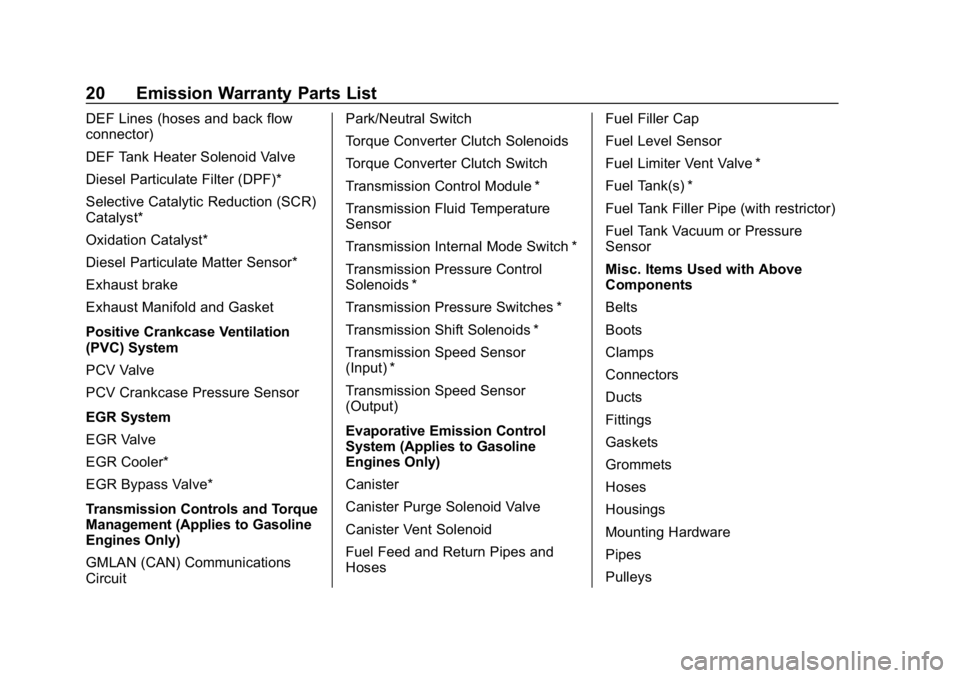 CHEVROLET LOW CAB FORWARD 2019  Limited Warranty manual Chevrolet Low Cab Forward Limited Warranty and Owner Assistance
Information (GMNA-Localizing-U.S.-12404512) - 2019 - crc - 2/7/18
20 Emission Warranty Parts List
DEF Lines (hoses and back flow
connect