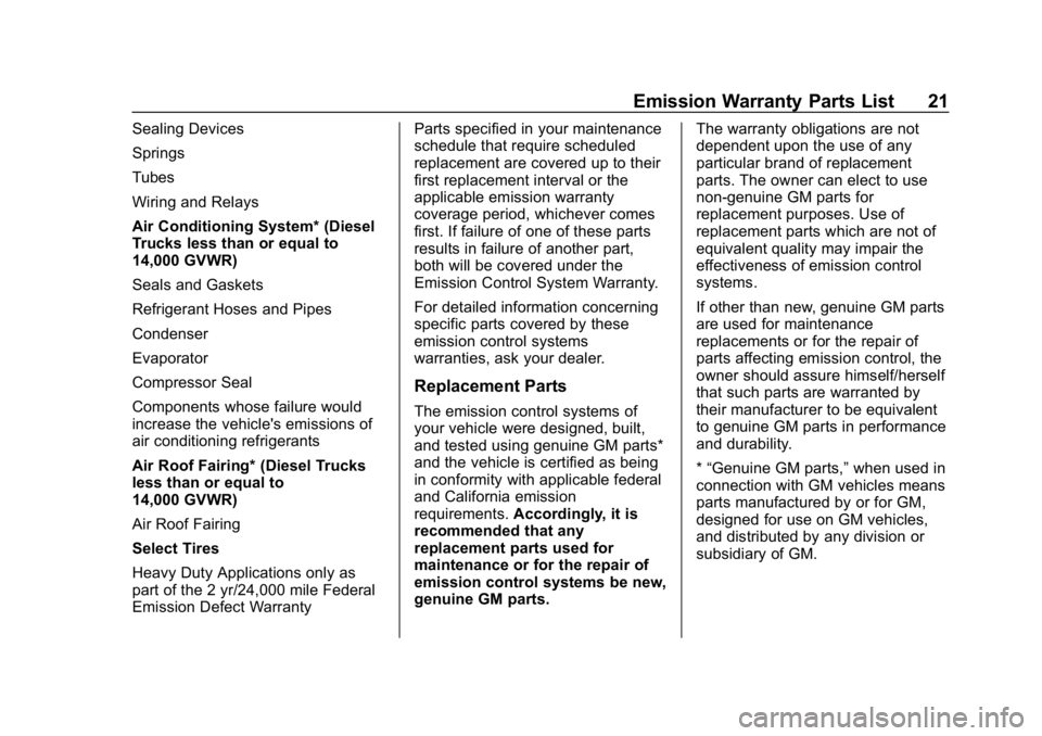 CHEVROLET LOW CAB FORWARD 2019  Limited Warranty manual Chevrolet Low Cab Forward Limited Warranty and Owner Assistance
Information (GMNA-Localizing-U.S.-12404512) - 2019 - crc - 2/7/18
Emission Warranty Parts List 21
Sealing Devices
Springs
Tubes
Wiring a