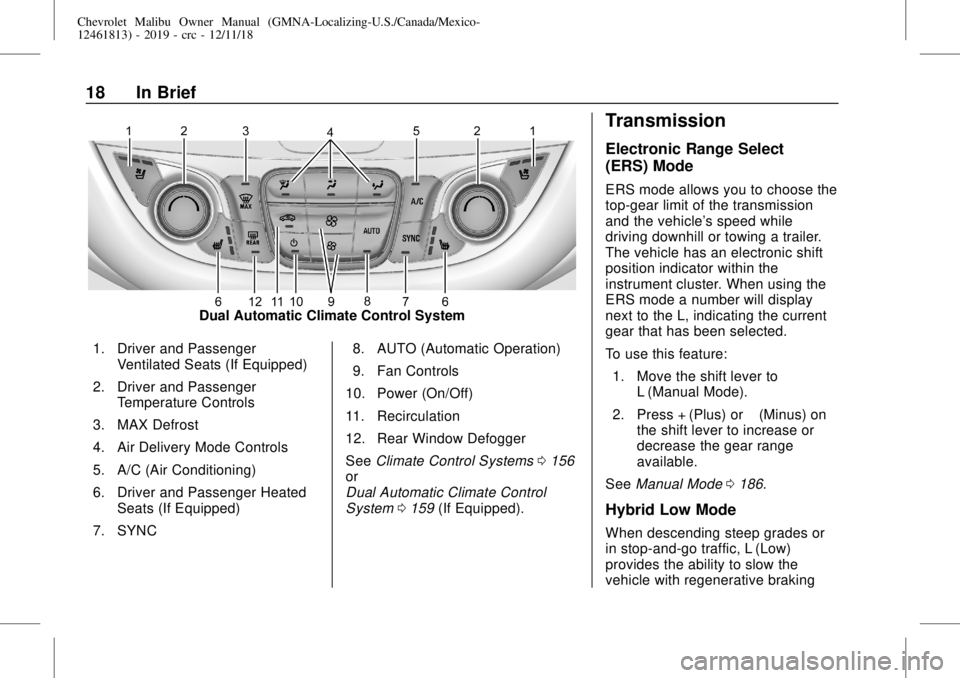 CHEVROLET MALIBU 2019 User Guide Chevrolet Malibu Owner Manual (GMNA-Localizing-U.S./Canada/Mexico-
12461813) - 2019 - crc - 12/11/18
18 In Brief
Dual Automatic Climate Control System
1. Driver and Passenger
Ventilated Seats (If Equi