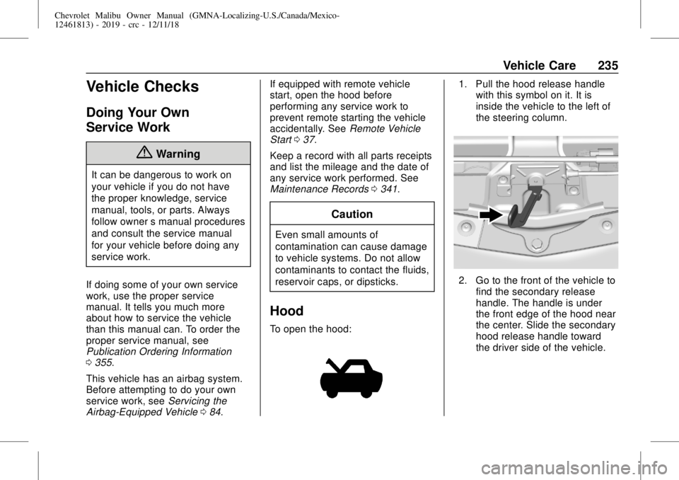 CHEVROLET MALIBU 2019 Owners Manual Chevrolet Malibu Owner Manual (GMNA-Localizing-U.S./Canada/Mexico-
12461813) - 2019 - crc - 12/11/18
Vehicle Care 235
Vehicle Checks
Doing Your Own
Service Work
{Warning
It can be dangerous to work on CHEVROLET MALIBU 2019 Owners Manual Chevrolet Malibu Owner Manual (GMNA-Localizing-U.S./Canada/Mexico-
12461813) - 2019 - crc - 12/11/18
Vehicle Care 235
Vehicle Checks
Doing Your Own
Service Work
{Warning
It can be dangerous to work on