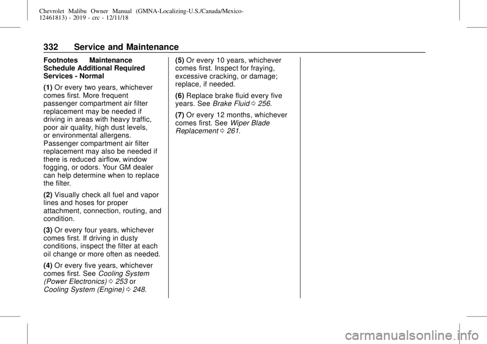 CHEVROLET MALIBU 2019 Owners Manual Chevrolet Malibu Owner Manual (GMNA-Localizing-U.S./Canada/Mexico-
12461813) - 2019 - crc - 12/11/18
332 Service and Maintenance
Footnotes—Maintenance
Schedule Additional Required
Services - Normal
CHEVROLET MALIBU 2019 Owners Manual Chevrolet Malibu Owner Manual (GMNA-Localizing-U.S./Canada/Mexico-
12461813) - 2019 - crc - 12/11/18
332 Service and Maintenance
Footnotes—Maintenance
Schedule Additional Required
Services - Normal