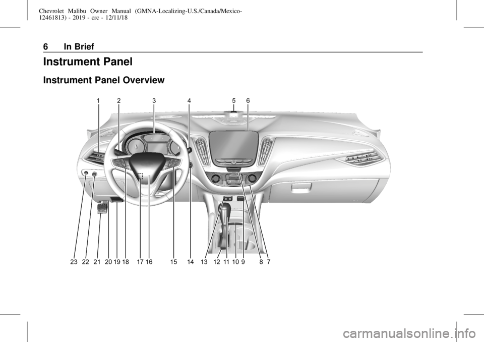 CHEVROLET MALIBU 2019  Owners Manual Chevrolet Malibu Owner Manual (GMNA-Localizing-U.S./Canada/Mexico-
12461813) - 2019 - crc - 12/11/18
6 In Brief
Instrument Panel
Instrument Panel Overview 