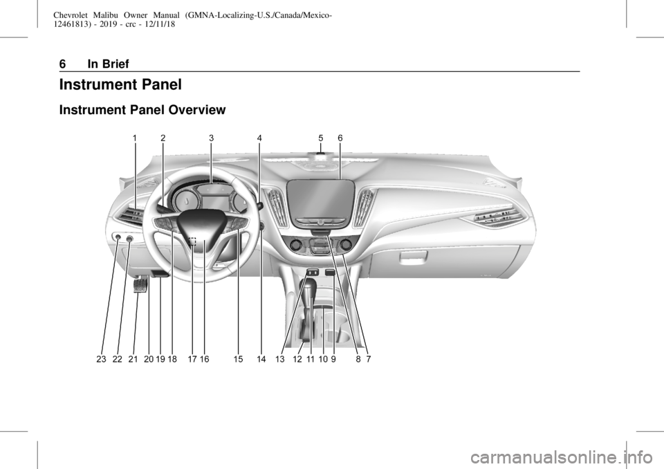 CHEVROLET MALIBU 2019 Owners Manual Chevrolet Malibu Owner Manual (GMNA-Localizing-U.S./Canada/Mexico-
12461813) - 2019 - crc - 12/11/18
6 In Brief
Instrument Panel
Instrument Panel Overview CHEVROLET MALIBU 2019 Owners Manual Chevrolet Malibu Owner Manual (GMNA-Localizing-U.S./Canada/Mexico-
12461813) - 2019 - crc - 12/11/18
6 In Brief
Instrument Panel
Instrument Panel Overview