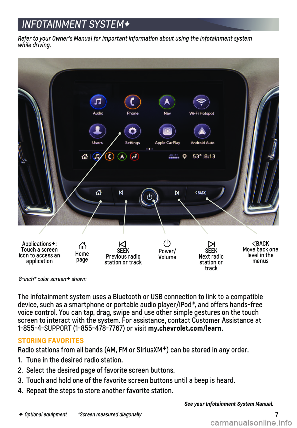 CHEVROLET MALIBU 2019 Get To Know Guide 7F Optional equipment *Screen measured diagonally
INFOTAINMENT SYSTEMF
ApplicationsF: Touch a screen icon to access an application
Home page
SEEK Previous radio station or track
BACK Move ba CHEVROLET MALIBU 2019 Get To Know Guide 7F Optional equipment *Screen measured diagonally
INFOTAINMENT SYSTEMF
ApplicationsF: Touch a screen icon to access an application
Home page
SEEK Previous radio station or track
BACK Move ba