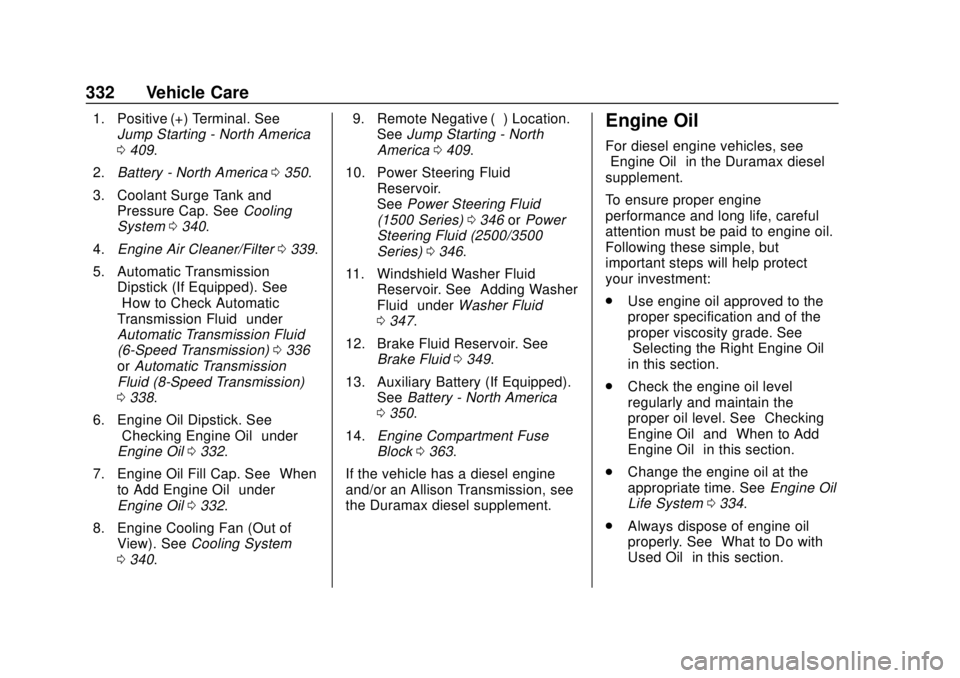 CHEVROLET SILVERADO 1500 LD 2019 Owners Manual Chevrolet Silverado LD 1500 and Silverado 2500/3500 Owner Manual (GMNA-
Localizing-U.S./Canada-12162993) - 2019 - crc - 7/30/18
332 Vehicle Care
1. Positive (+) Terminal. SeeJump Starting - North Amer CHEVROLET SILVERADO 1500 LD 2019 Owners Manual Chevrolet Silverado LD 1500 and Silverado 2500/3500 Owner Manual (GMNA-
Localizing-U.S./Canada-12162993) - 2019 - crc - 7/30/18
332 Vehicle Care
1. Positive (+) Terminal. SeeJump Starting - North Amer