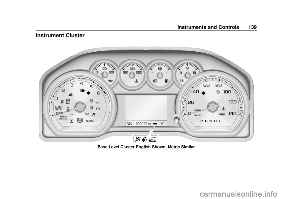 CHEVROLET SILVERADO 2019  Owners Manual Chevrolet Silverado Owner Manual (GMNA-Localizing-U.S./Canada/Mexico-
1500-11698642) - 2019 - CRC - 2/20/19
Instruments and Controls 139
Instrument Cluster
Base Level Cluster English Shown, Metric Sim