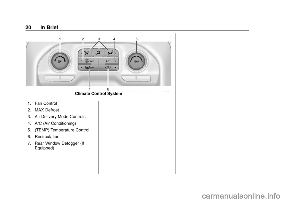 CHEVROLET SILVERADO 2019 Owners Guide Chevrolet Silverado Owner Manual (GMNA-Localizing-U.S./Canada/Mexico-
1500-11698642) - 2019 - CRC - 2/20/19
20 In Brief
Climate Control System
1. Fan Control
2. MAX Defrost
3. Air Delivery Mode Contro CHEVROLET SILVERADO 2019 Owners Guide Chevrolet Silverado Owner Manual (GMNA-Localizing-U.S./Canada/Mexico-
1500-11698642) - 2019 - CRC - 2/20/19
20 In Brief
Climate Control System
1. Fan Control
2. MAX Defrost
3. Air Delivery Mode Contro
