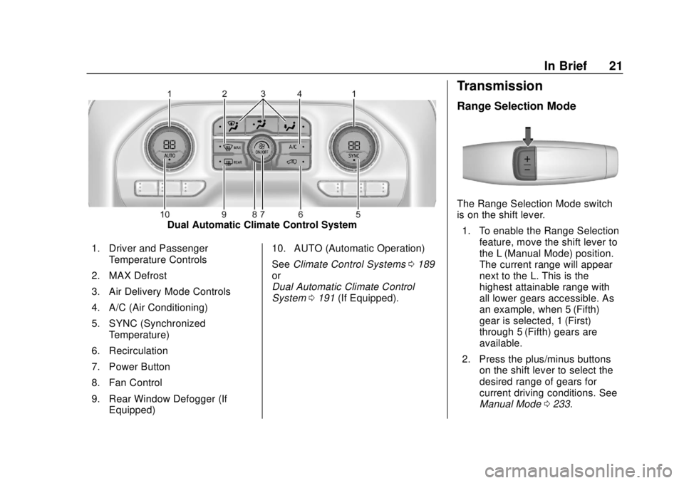 CHEVROLET SILVERADO 2019  Owners Manual Chevrolet Silverado Owner Manual (GMNA-Localizing-U.S./Canada/Mexico-
1500-11698642) - 2019 - CRC - 2/20/19
In Brief 21
Dual Automatic Climate Control System
1. Driver and Passenger Temperature Contro