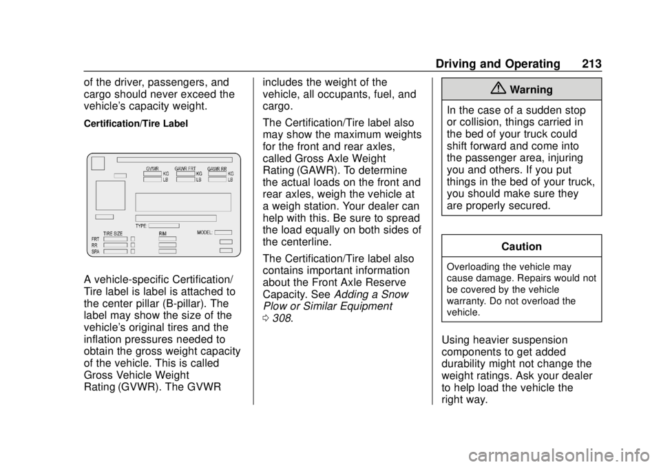 CHEVROLET SILVERADO 2019  Owners Manual Chevrolet Silverado Owner Manual (GMNA-Localizing-U.S./Canada/Mexico-
1500-11698642) - 2019 - CRC - 2/20/19
Driving and Operating 213
of the driver, passengers, and
cargo should never exceed the
vehic