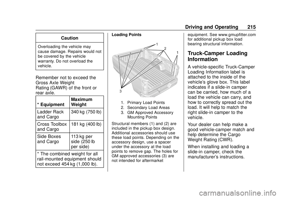 CHEVROLET SILVERADO 2019  Owners Manual Chevrolet Silverado Owner Manual (GMNA-Localizing-U.S./Canada/Mexico-
1500-11698642) - 2019 - CRC - 2/20/19
Driving and Operating 215
Caution
Overloading the vehicle may
cause damage. Repairs would no