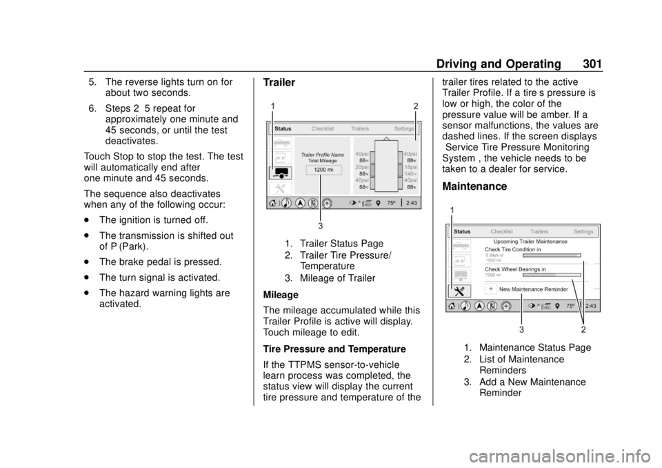 CHEVROLET SILVERADO 2019  Owners Manual Chevrolet Silverado Owner Manual (GMNA-Localizing-U.S./Canada/Mexico-
1500-11698642) - 2019 - CRC - 2/20/19
Driving and Operating 301
5. The reverse lights turn on forabout two seconds.
6. Steps 2–5