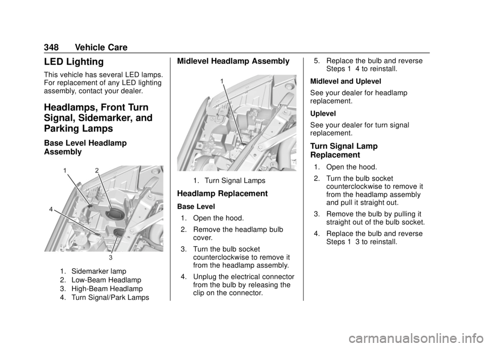 CHEVROLET SILVERADO 2019  Owners Manual Chevrolet Silverado Owner Manual (GMNA-Localizing-U.S./Canada/Mexico-
1500-11698642) - 2019 - CRC - 2/20/19
348 Vehicle Care
LED Lighting
This vehicle has several LED lamps.
For replacement of any LED