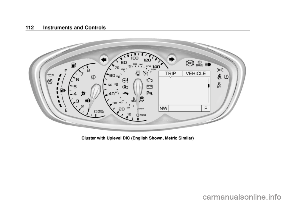 CHEVROLET SONIC 2019 Owners Manual Chevrolet Sonic Owner Manual (GMNA-Localizing-U.S./Canada-12461769) -
2019 - crc - 5/21/18
112 Instruments and Controls
Cluster with Uplevel DIC (English Shown, Metric Similar) CHEVROLET SONIC 2019 Owners Manual Chevrolet Sonic Owner Manual (GMNA-Localizing-U.S./Canada-12461769) -
2019 - crc - 5/21/18
112 Instruments and Controls
Cluster with Uplevel DIC (English Shown, Metric Similar)