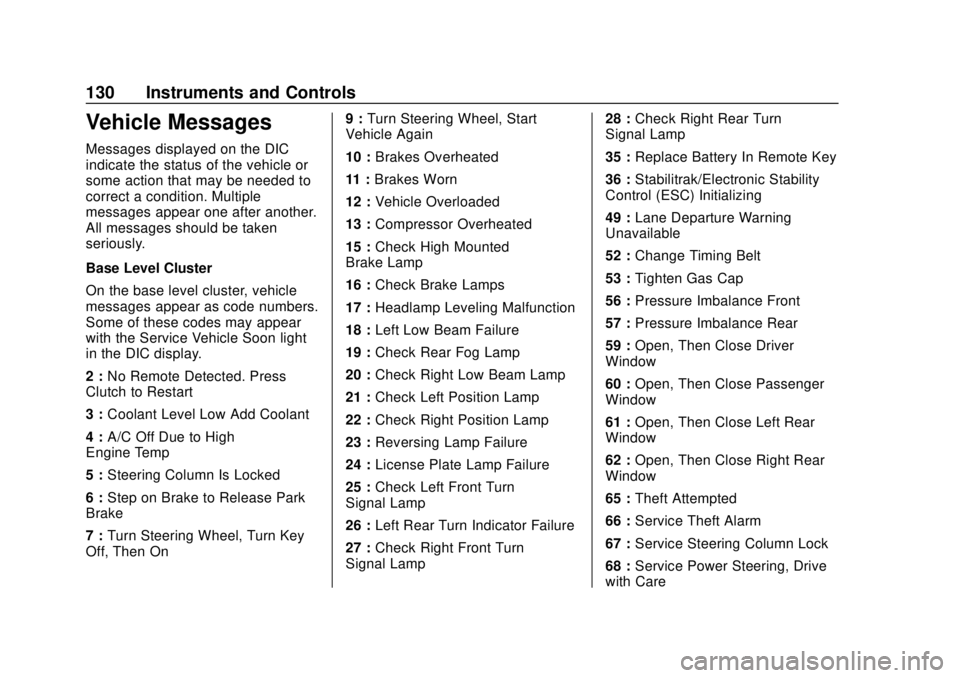CHEVROLET SONIC 2019 Owners Manual Chevrolet Sonic Owner Manual (GMNA-Localizing-U.S./Canada-12461769) -
2019 - crc - 5/21/18
130 Instruments and Controls
Vehicle Messages
Messages displayed on the DIC
indicate the status of the vehicl CHEVROLET SONIC 2019 Owners Manual Chevrolet Sonic Owner Manual (GMNA-Localizing-U.S./Canada-12461769) -
2019 - crc - 5/21/18
130 Instruments and Controls
Vehicle Messages
Messages displayed on the DIC
indicate the status of the vehicl
