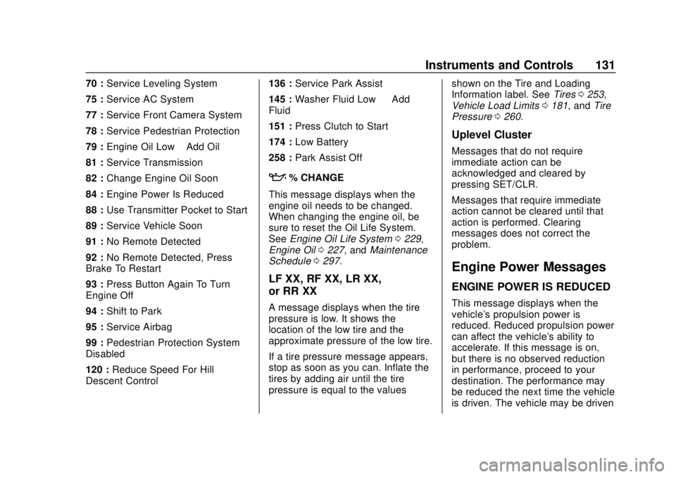 CHEVROLET SONIC 2019 Owners Manual Chevrolet Sonic Owner Manual (GMNA-Localizing-U.S./Canada-12461769) -
2019 - crc - 5/21/18
Instruments and Controls 131
70 :Service Leveling System
75 : Service AC System
77 : Service Front Camera Sys CHEVROLET SONIC 2019 Owners Manual Chevrolet Sonic Owner Manual (GMNA-Localizing-U.S./Canada-12461769) -
2019 - crc - 5/21/18
Instruments and Controls 131
70 :Service Leveling System
75 : Service AC System
77 : Service Front Camera Sys