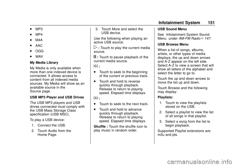 CHEVROLET SONIC 2019 Owners Manual Chevrolet Sonic Owner Manual (GMNA-Localizing-U.S./Canada-12461769) -
2019 - crc - 5/21/18
Infotainment System 151
.MP3
. MP4
. M4A
. AAC
. OGG
. WAV
My Media Library
My Media is only available when
m CHEVROLET SONIC 2019 Owners Manual Chevrolet Sonic Owner Manual (GMNA-Localizing-U.S./Canada-12461769) -
2019 - crc - 5/21/18
Infotainment System 151
.MP3
. MP4
. M4A
. AAC
. OGG
. WAV
My Media Library
My Media is only available when
m