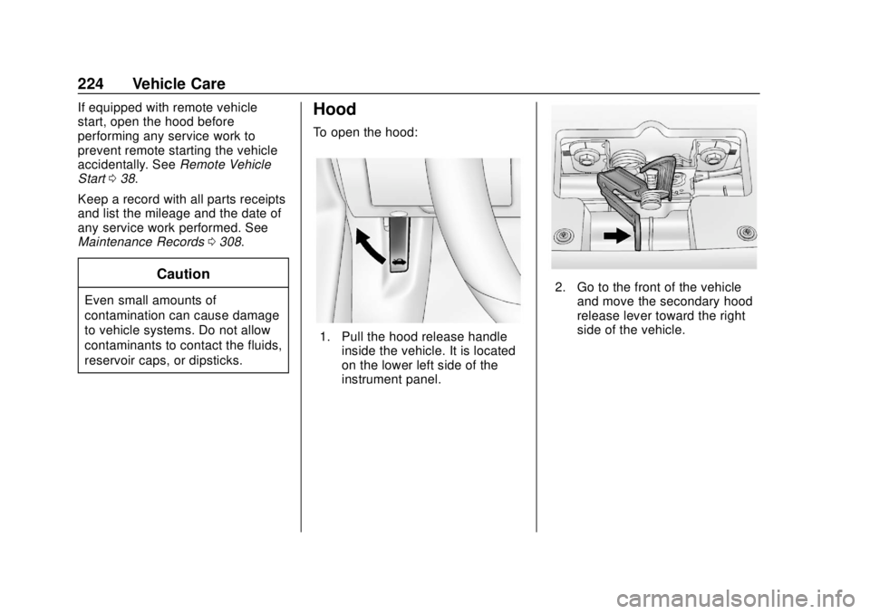 CHEVROLET SONIC 2019 Owners Manual Chevrolet Sonic Owner Manual (GMNA-Localizing-U.S./Canada-12461769) -
2019 - crc - 5/21/18
224 Vehicle Care
If equipped with remote vehicle
start, open the hood before
performing any service work to
p CHEVROLET SONIC 2019 Owners Manual Chevrolet Sonic Owner Manual (GMNA-Localizing-U.S./Canada-12461769) -
2019 - crc - 5/21/18
224 Vehicle Care
If equipped with remote vehicle
start, open the hood before
performing any service work to
p