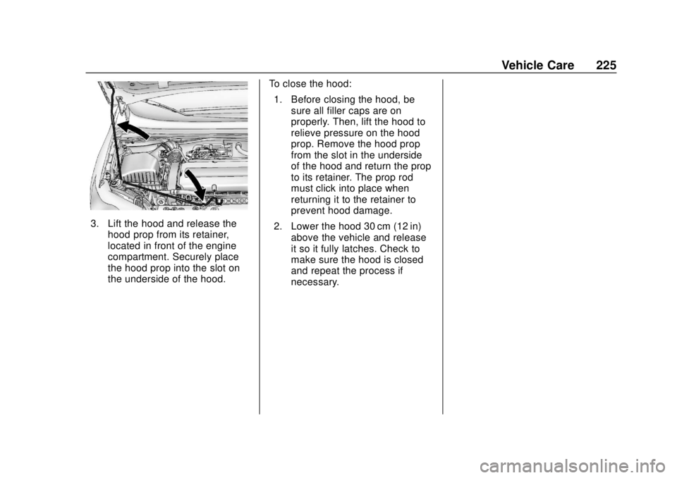 CHEVROLET SONIC 2019 Owners Manual Chevrolet Sonic Owner Manual (GMNA-Localizing-U.S./Canada-12461769) -
2019 - crc - 5/21/18
Vehicle Care 225
3. Lift the hood and release thehood prop from its retainer,
located in front of the engine
CHEVROLET SONIC 2019 Owners Manual Chevrolet Sonic Owner Manual (GMNA-Localizing-U.S./Canada-12461769) -
2019 - crc - 5/21/18
Vehicle Care 225
3. Lift the hood and release thehood prop from its retainer,
located in front of the engine