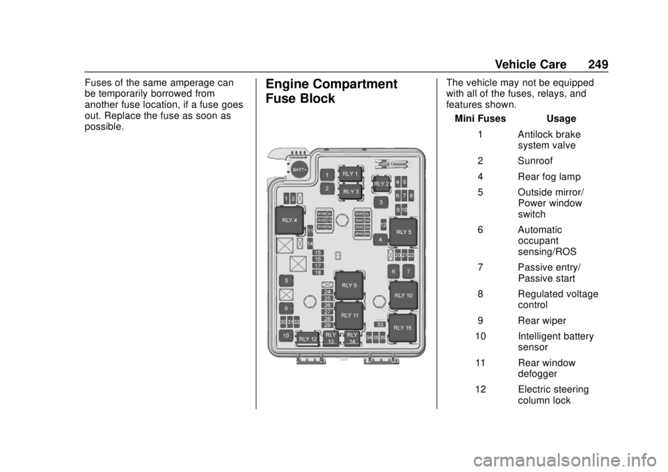 CHEVROLET SONIC 2019 Owners Manual Chevrolet Sonic Owner Manual (GMNA-Localizing-U.S./Canada-12461769) -
2019 - crc - 5/21/18
Vehicle Care 249
Fuses of the same amperage can
be temporarily borrowed from
another fuse location, if a fuse CHEVROLET SONIC 2019 Owners Manual Chevrolet Sonic Owner Manual (GMNA-Localizing-U.S./Canada-12461769) -
2019 - crc - 5/21/18
Vehicle Care 249
Fuses of the same amperage can
be temporarily borrowed from
another fuse location, if a fuse