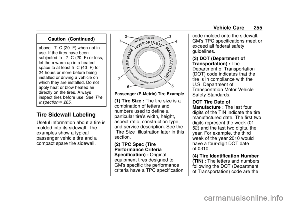CHEVROLET SONIC 2019 Owners Manual Chevrolet Sonic Owner Manual (GMNA-Localizing-U.S./Canada-12461769) -
2019 - crc - 5/21/18
Vehicle Care 255
Caution (Continued)
above−7 °C (20 °F) when not in
use. If the tires have been
subjected CHEVROLET SONIC 2019 Owners Manual Chevrolet Sonic Owner Manual (GMNA-Localizing-U.S./Canada-12461769) -
2019 - crc - 5/21/18
Vehicle Care 255
Caution (Continued)
above−7 °C (20 °F) when not in
use. If the tires have been
subjected