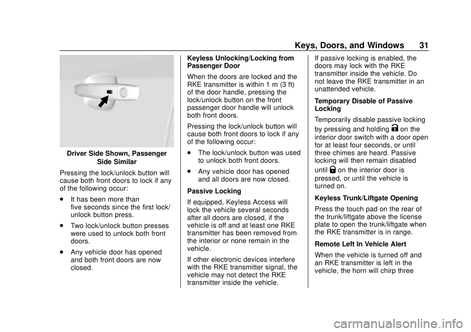 CHEVROLET SONIC 2019 Owners Guide Chevrolet Sonic Owner Manual (GMNA-Localizing-U.S./Canada-12461769) -
2019 - crc - 5/21/18
Keys, Doors, and Windows 31
Driver Side Shown, PassengerSide Similar
Pressing the lock/unlock button will
cau CHEVROLET SONIC 2019 Owners Guide Chevrolet Sonic Owner Manual (GMNA-Localizing-U.S./Canada-12461769) -
2019 - crc - 5/21/18
Keys, Doors, and Windows 31
Driver Side Shown, PassengerSide Similar
Pressing the lock/unlock button will
cau